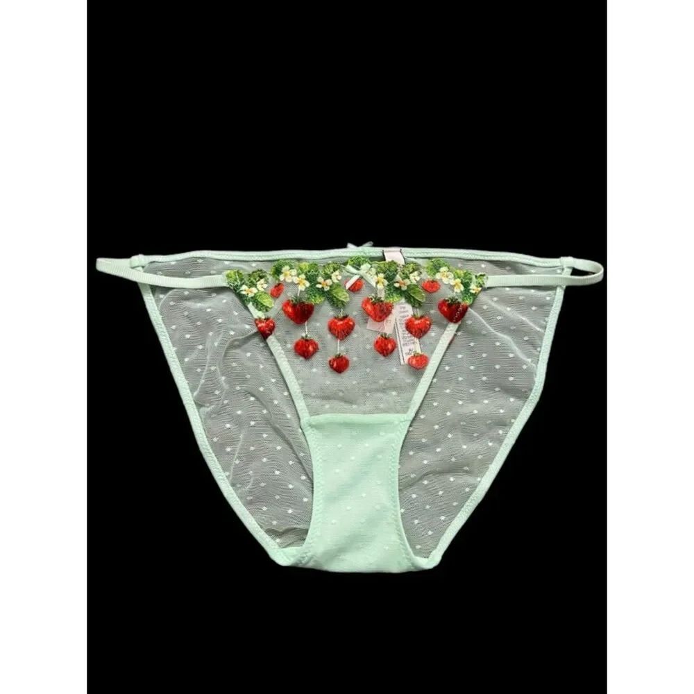 Victorias Secret Embroidery Tulle Polka Dot Strawberry String Bikini Cheekini L
